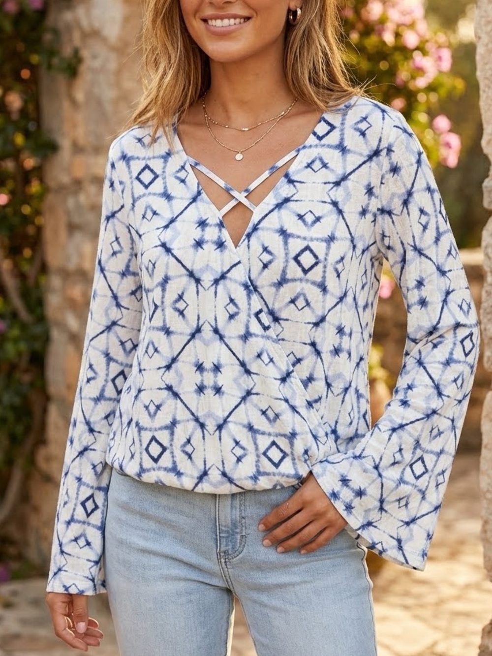 Miss Me Blue White V-neck Bell Sleeve Boho Top